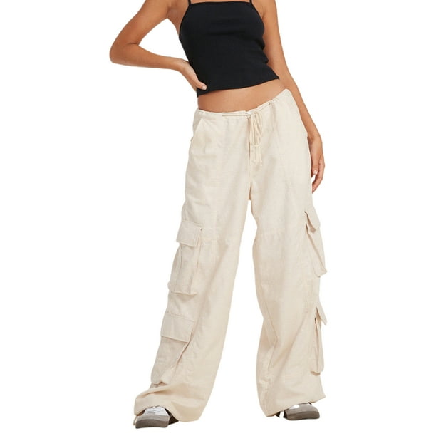  Pantalones cargo para mujer, a la moda, talla grande, holgados,  con cordón, casual, color sólido, cintura elástica, con bolsillo ancho,  Marrón : Deportes y Actividades al Aire Libre