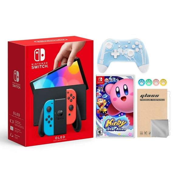 2021 new nintendo switch oled model neon red  blue joy con 64gb console hd screen  lanport dock with kirby star allies and mytrix wireless switch pro controller and accessories nintendo hegskabaa
