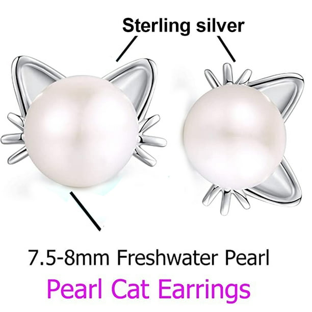 Pendientes de gato Pendientes de perlas de agua dulce Pendientes de tuerca  de plata esterlina para r Adepaton 221862-1