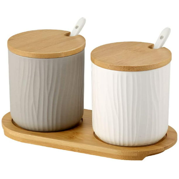 Recipientes de cerámica para sal o azúcar con tapadera de bambú natural