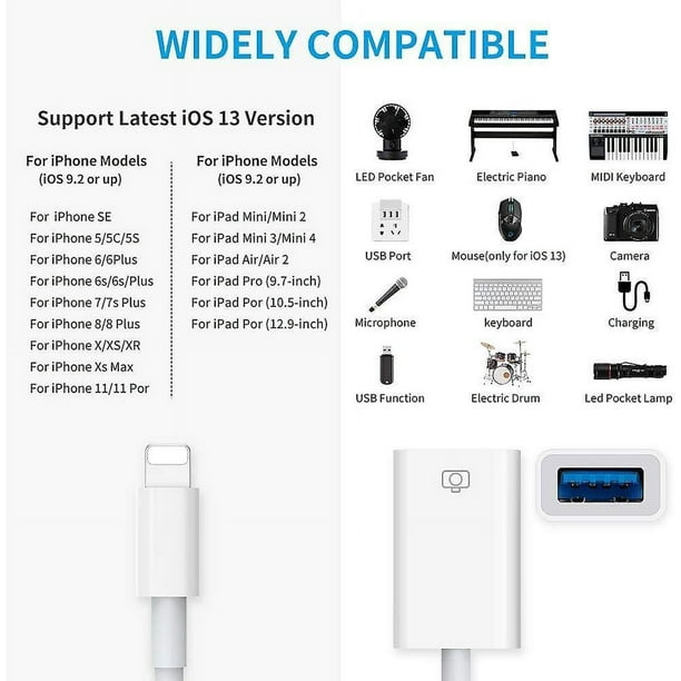 Adaptador de iPad a USB, USB para iPad, iPhone a adaptador USB compatible  con iPhone/iPad, Plug N Play, compatible con unidad flash USB. Compatible