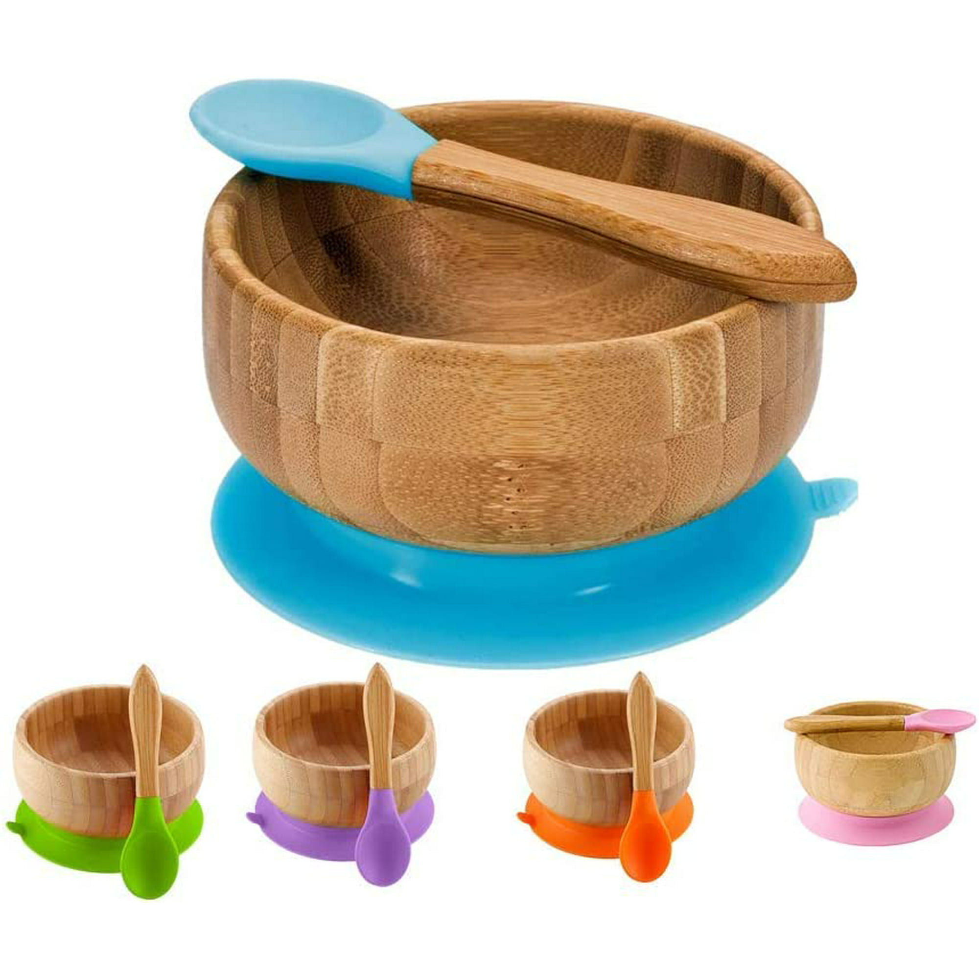Plato bebe ventosa, plato bambu y silicona con 3 compartimentos. Vajilla  bebé para alimentacion BLW, sin BPA. Buabi. Incluye cuchara y babero  silicona. Ardilla azul