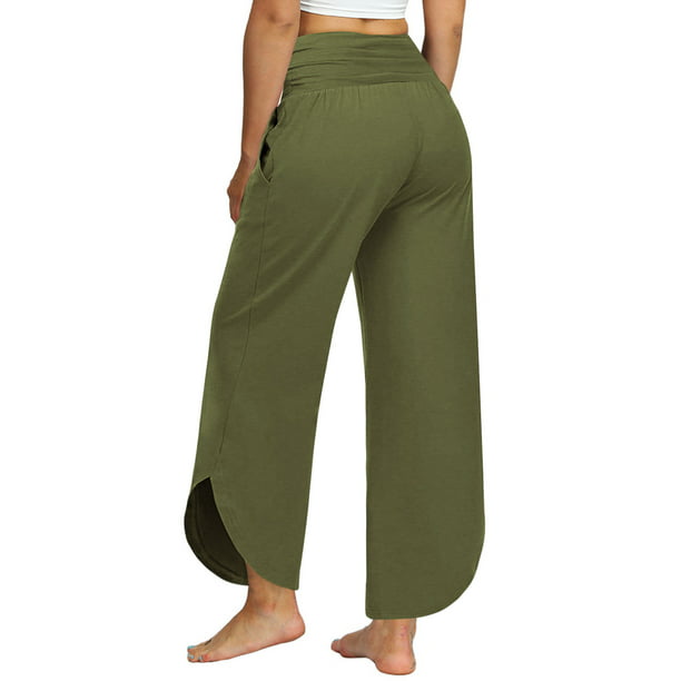  Pantalones de yoga para mujer, de cintura alta, de algodón,  holgados, pantalones de playa, pantalones largos de campana y pierna ancha  (verde, M) : Ropa, Zapatos y Joyería