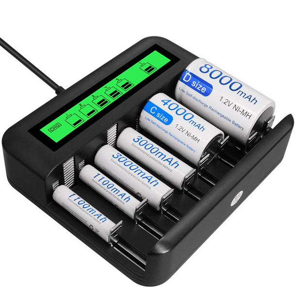 HiQuick Cargador de batería inteligente de 8 bahías con pilas recargables AA  y AAA, cargador de