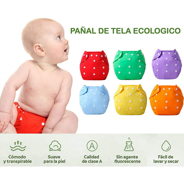 Paquete de 6 Pañales Ecológicos de Tela para Bebés de 0 a 3 años de Edad  Hanylish Multicolor