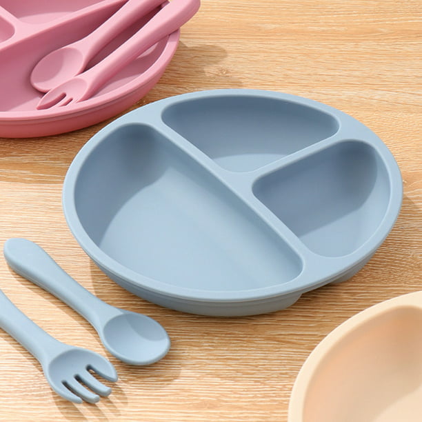 Plato llano Platos de silicona para bebés, niños pequeños, plato de  autoalimentación para bebés con cuchara y tenedor de silicona, sin BPA,  diseño