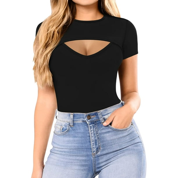  Body de manga larga con cuello en V para mujer, casual, sexy,  para el trabajo, ajustado, manga corta, tanga, top de moda de primavera  2023 (negro #3, XL) : Ropa, Zapatos