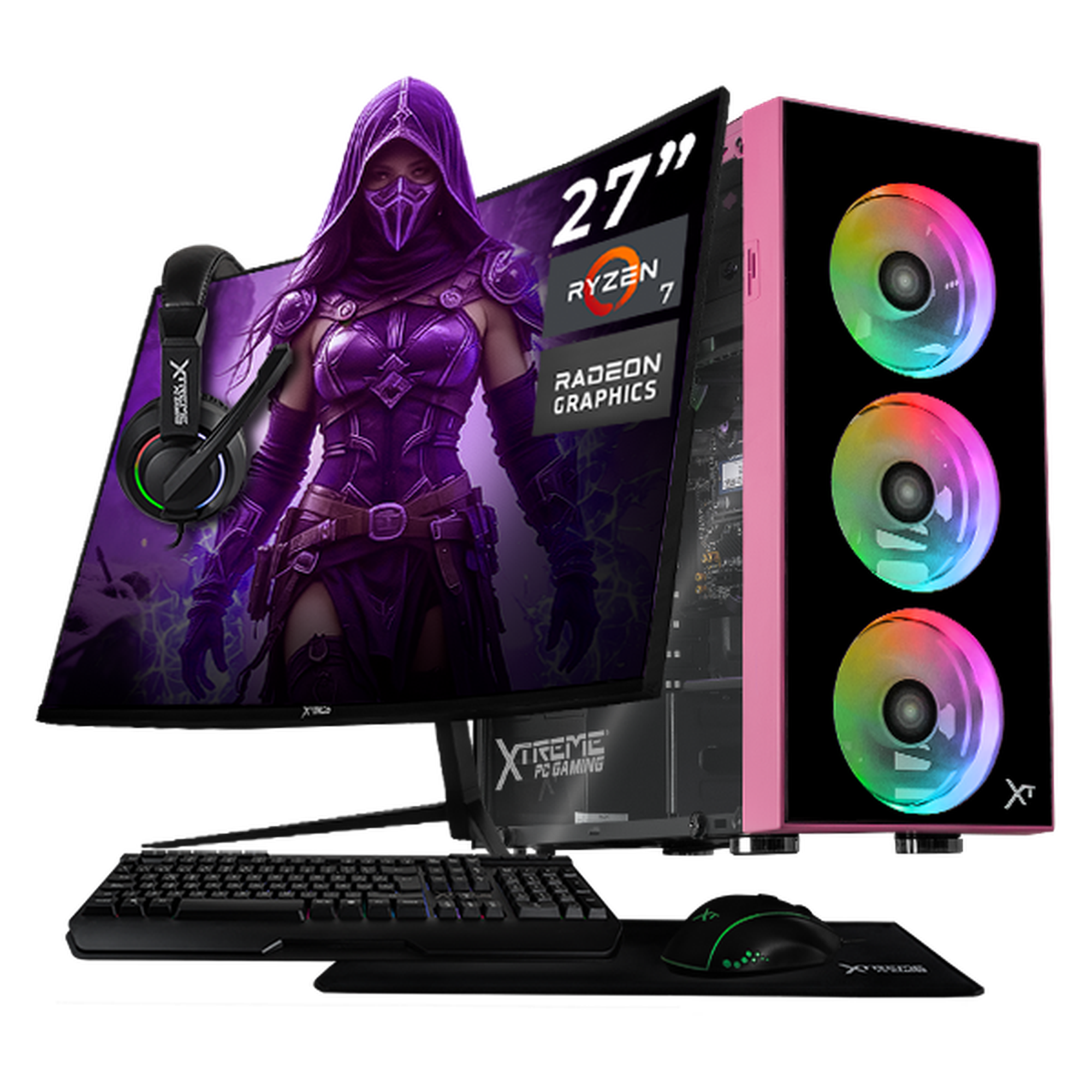 Computadora escritorio completa xtreme pc gaming amd radeon 780m ryzen 7 8700g 16gb ddr5 ssd 500gb monitor curvo 27 100hz wifi pink juegos casuales, trabajo y estudio