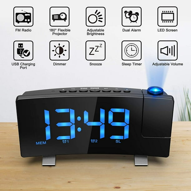 Reloj despertador con proyector 2022 para techo de dormitorio, radio reloj  digital de proyección con puertos de cargador USB, alarma dual, modelo de