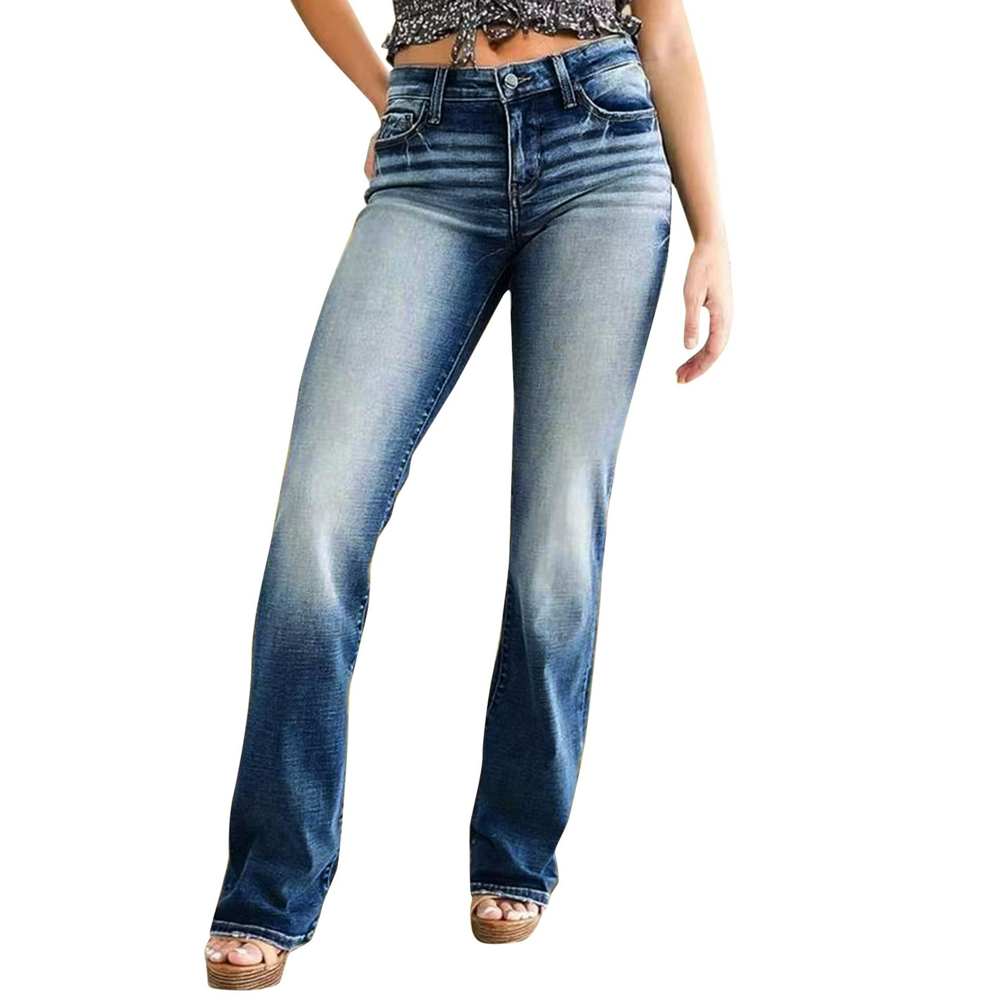 Gibobby Jeans dama cintura alta Pantalones estampados Pantalones de Jeans  Casual Mujer Pantalones largos con correa de bolsillo(Azul oscuro,G)