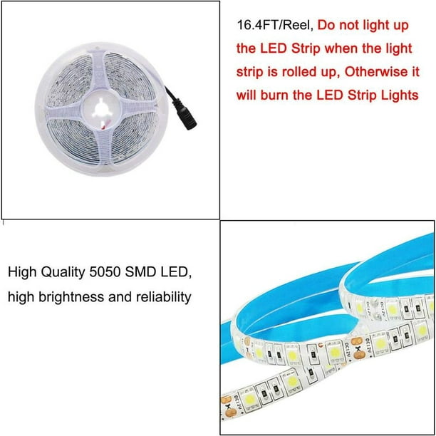 Tira LED 12V Blanco Frio 6500K, 5 Metros Flexible 300 LEDs 5050 SMD IP65 Tira  LED Impermeable