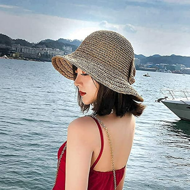 Vicera de paja plegable para mujer sombrero para playa alas ancha ajustable