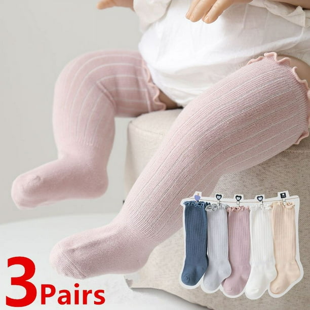 Calcetines hasta la rodilla de algodón con volantes para bebés, medias  largas de verano para recién nacidos, 3 pares