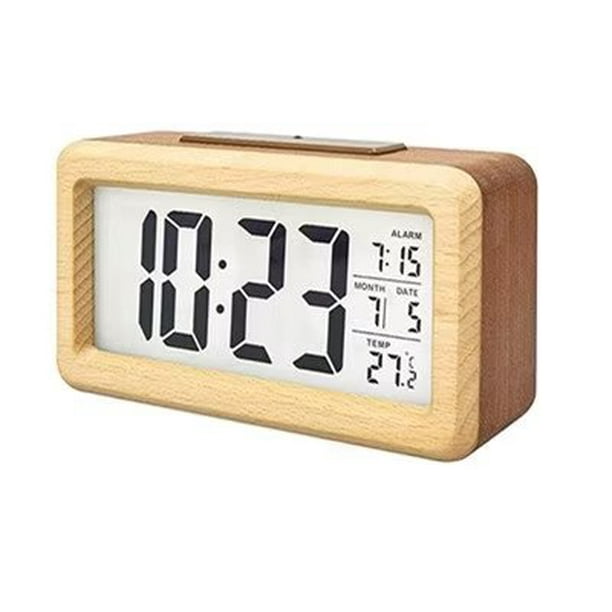 Reloj despertador - Despertador LED en madera, con medidor de temperatura y  humedad INF, madera negra con números LED blancos