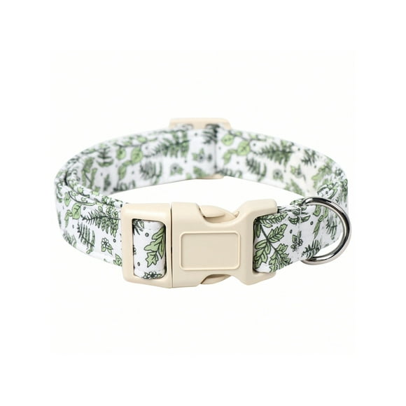 1pc spring new fashion green leaves pattern pet cat  dog single collar for indoor and outdoor use beige plastic buckle