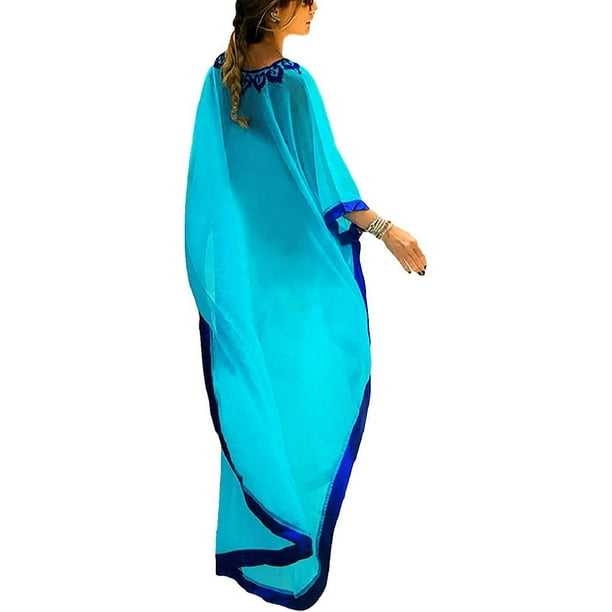 Kaftan Vestidos para Mujer de Gasa de Floral Impresión Caftán Traje de Baño  Tallas Grandes Larga Playa Cover up Estampado Turco Azul Estampado Turco  Azul Xishao ropa