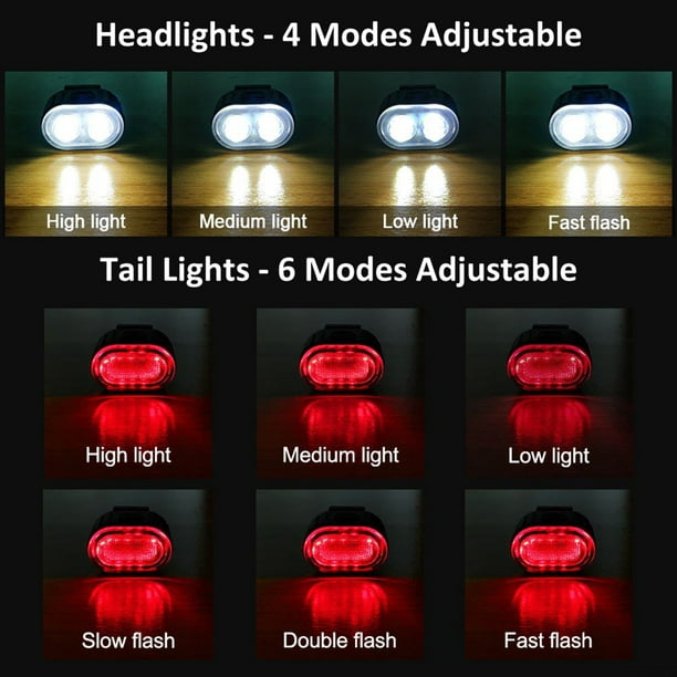 Juego de luces recargables para bicicleta, luces LED delanteras y traseras,  4 opciones de modo de luz, faro de bicicleta, impermeable IPX4, fácil de