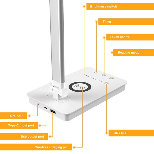  Lámpara de escritorio LED con cargador inalámbrico, puerto de  carga USB, modernas lámparas de escritorio para oficina en casa de cuidado  para los ojos, 5 modos de iluminación y 10 niveles