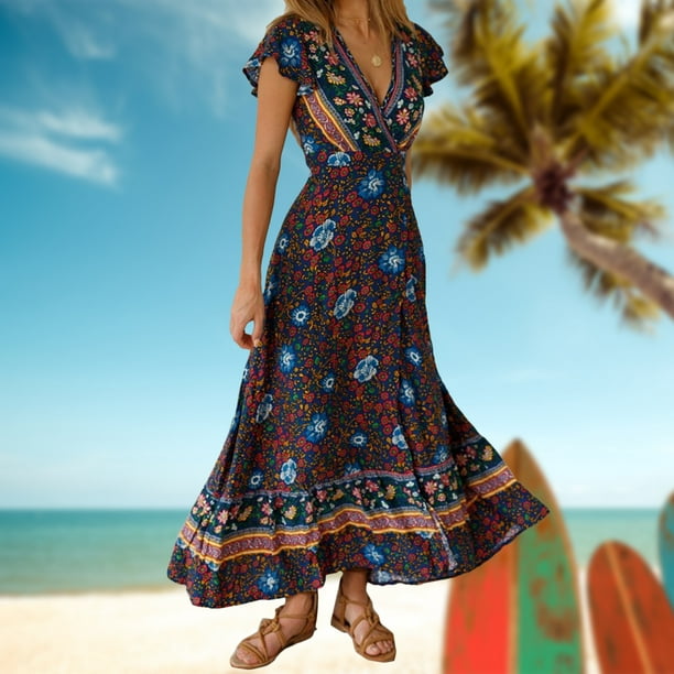 Vestido De Mujer Vestidos casuales de verano Vestido floral con cuello en V  de longitud media para vacaciones (Azul marino L) Kuymtek para Mujer Azul  marino T 20