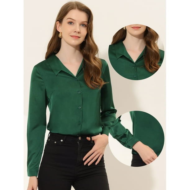 Blusa manga larga satinada verde oscuro mujer