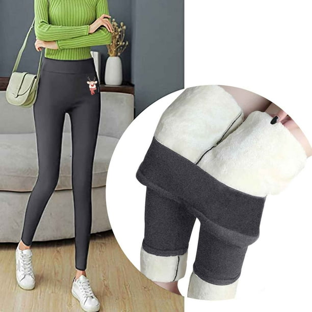 Gibobby leggings afelpados niña Pantalones térmicos de cintura alta  elásticos con estampado lindo para mujer informales de invierno（Gris， XXL)