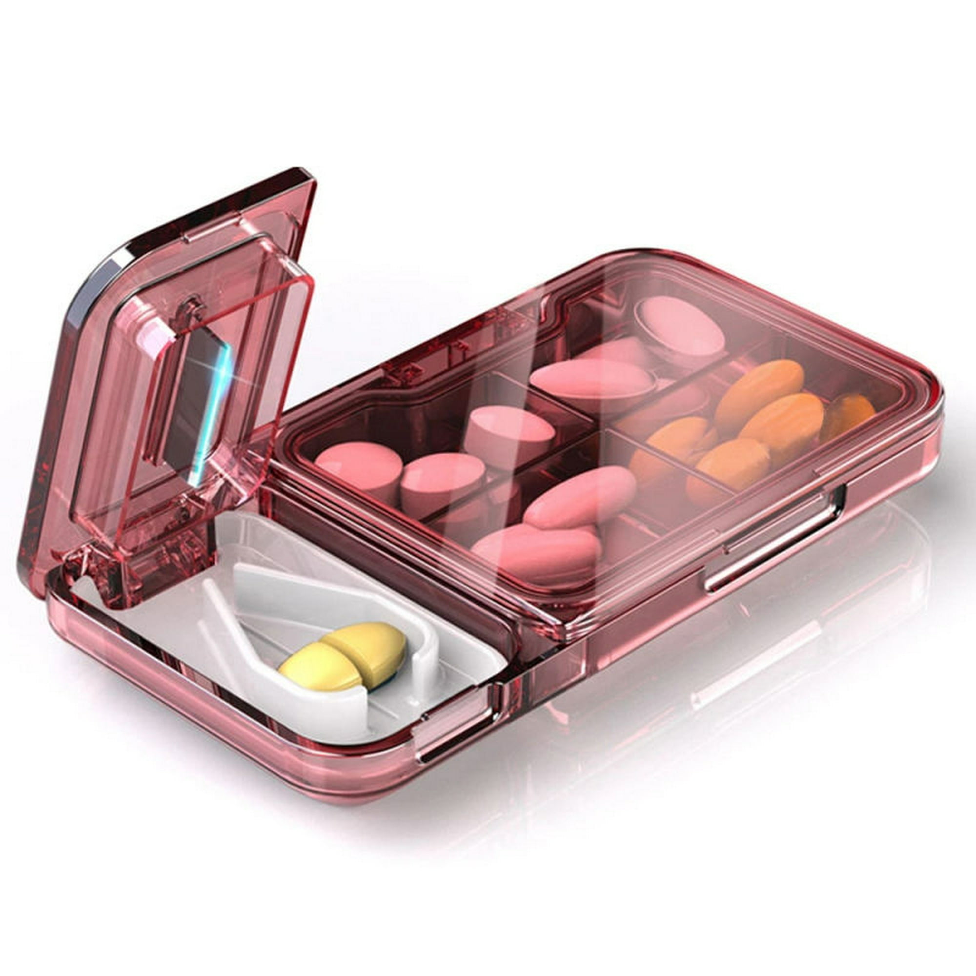 Caja de almacenamiento de medicamentos compacta de 4 rejillas con cortador  de pastillas, organizador Sunnimix Dispensador de cajas de medicamentos