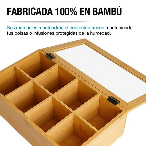 Caja Organizadora para Té CASA LITUS de Madera de Bambú con 8  Compartimentos