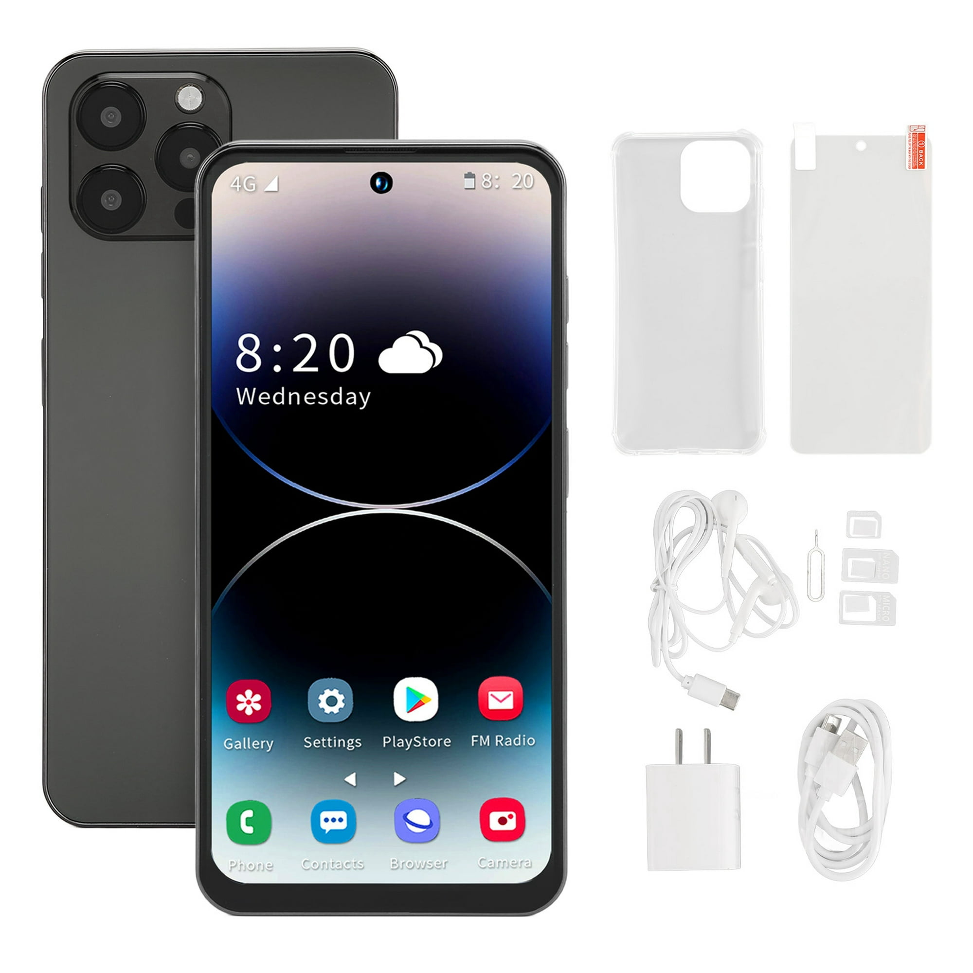 I14 Pro Max Teléfono celular 4G de 6,7 pulgadas para Android 12 4GB 128GB  Smartphone con batería de 4000mAh Negro 100-240V Negro Enchufe de EE. UU.