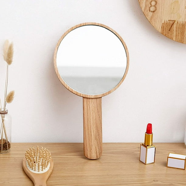 Espejo de maquillaje de mano, espejo de mano portátil con asa, espejo de  mano de madera de un solo lado, bonito espejo de mano de tocador personal  de