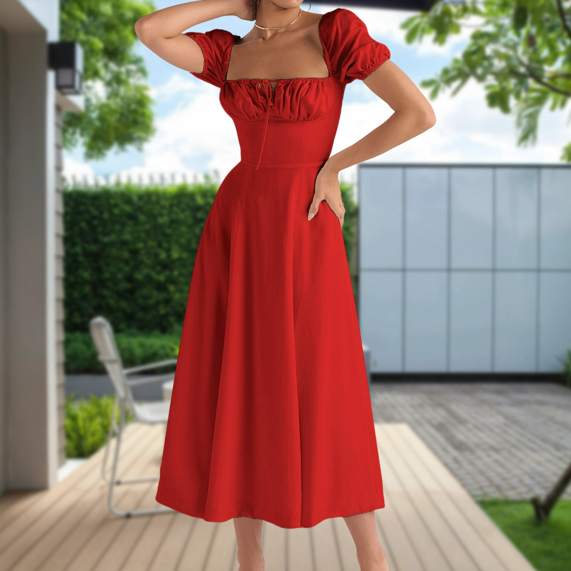 Vestidos Largos Vestidos de mujer Manga abullonada Vestido elegante  Primavera Verano Ropa (Rojo S) Cgtredaw Para estrenar