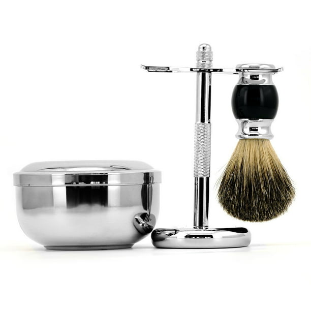 Aethland Juego de brochas de afeitar para hombres, cepillo de afeitar con  mango de madera maciza y cuenco de afeitar de acero inoxidable de 3.1