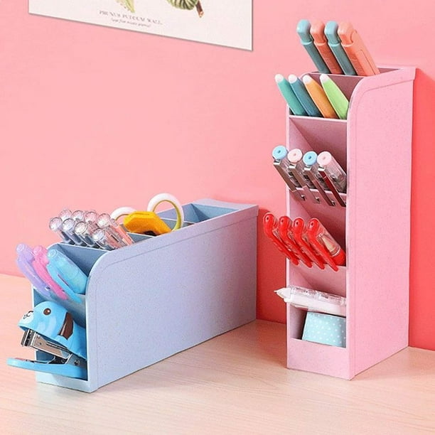 Organizador de plástico para bolígrafo, soporte para lápices con 2 cajones  y 5 compartimentos para borradores, clips de papel, organizador de