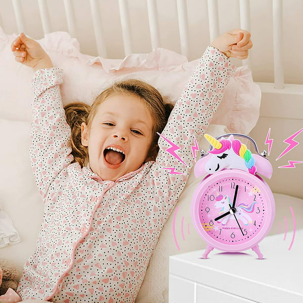 JM Reloj despertador de niña unicornio para niños, adorable decoración de  dormitorio, segundero silencioso sin tictac, doble campana súper fuerte con  retroiluminación, regalo de unicornio para niños (rosa) JM