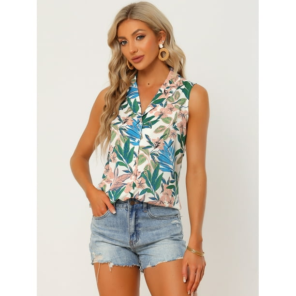Camisa hawaiana para mujer Blusa de playa con botones florales tropicales blanco XL Unique Bargains Camisa Walmart en línea