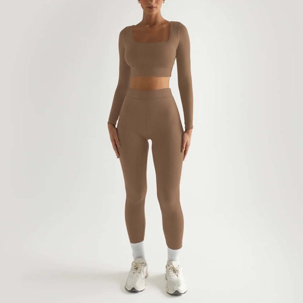 Gibobby Ropa Deportiva Mujer Traje de pantalones deportivos de Yoga  ajustados de dos piezas con cuello cuadrado de manga larga de Color sólido  informal a la moda para mujer(Caqui, XL)