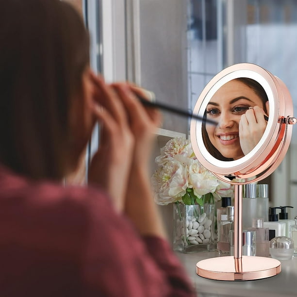 Espejo de maquillaje con luz LED - Espejo de tocador con aumento 2 en 1,  espejo redondo con luz - Espejo LED + espejo de bolsillo gratis, dorado  Afortunado Sencillez