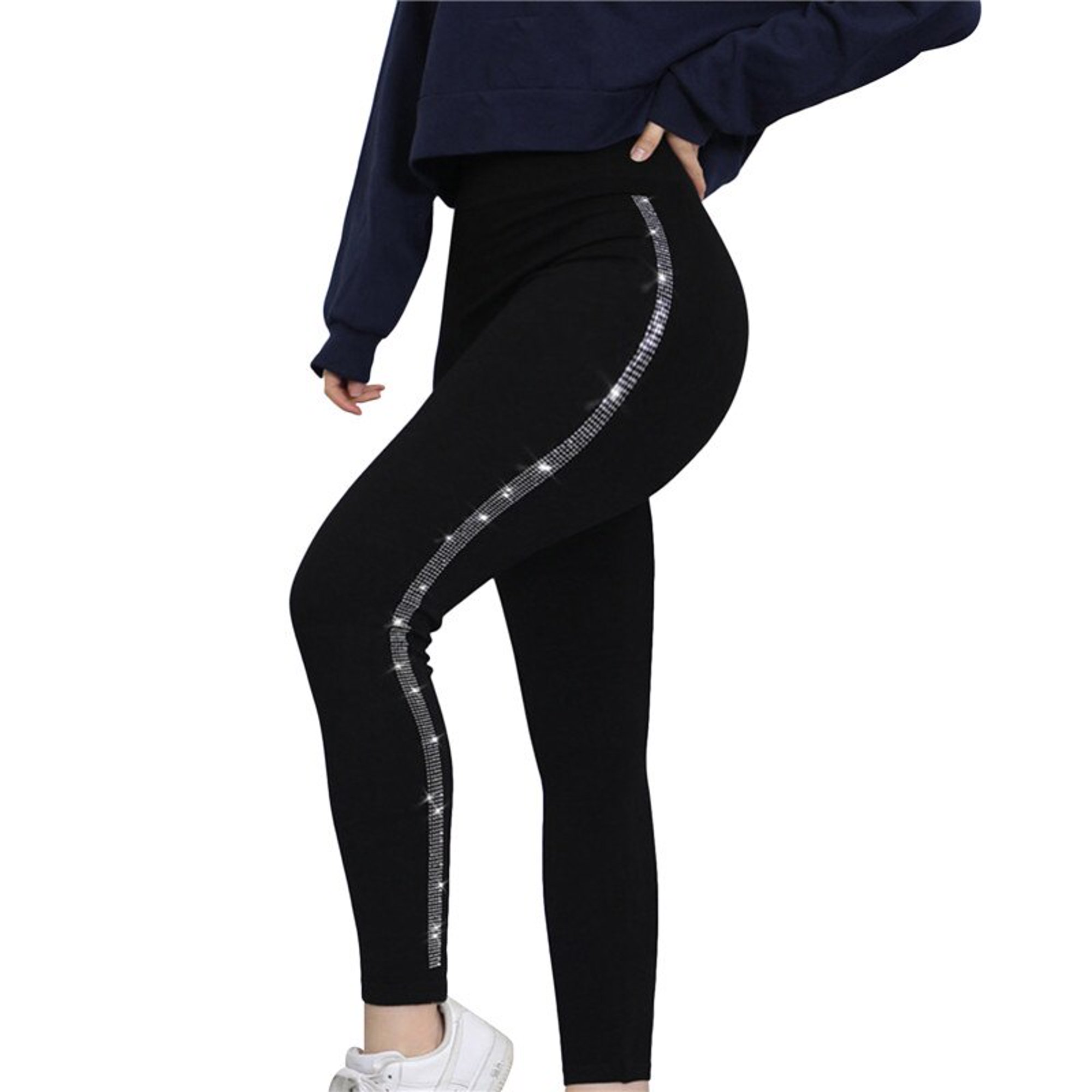 Leggings Elásticos Negros Con Diamantes De Imitación Para Mujer