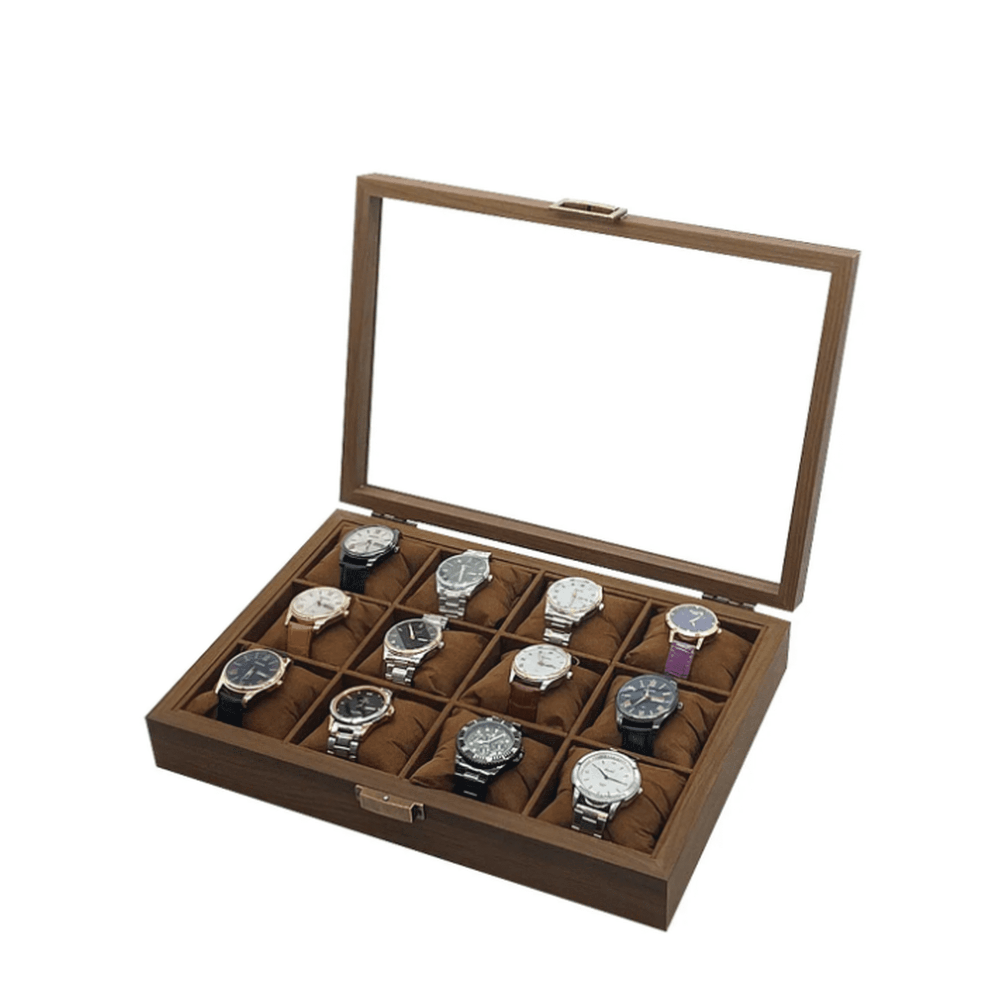 Caja para relojes y alhajero con 12 compartimentos en nogal