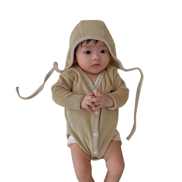 Gibobby Mamelucos para bebe niño de manga larga para bebé recién nacido,  niñas y niños, algodón acanalado sólido, mono, sombrero, ropa(Gris, 0-6  Meses)