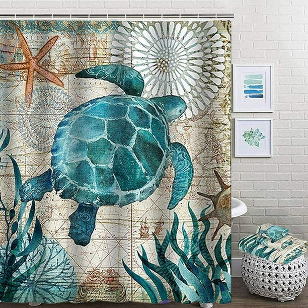Juego de cortinas de ducha de tortuga marina con alfombra, tablones de  madera rústica, accesorio de baño para niños, juego de 4 piezas, 1 cortina  de