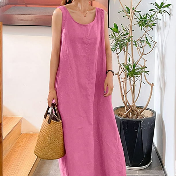 Vestido Lino Algodón Vestidos casuales Vestido de lino de algodón con bolsillo de playa de talla grande (Rosa Cgtredaw Para estrenar | Walmart en línea