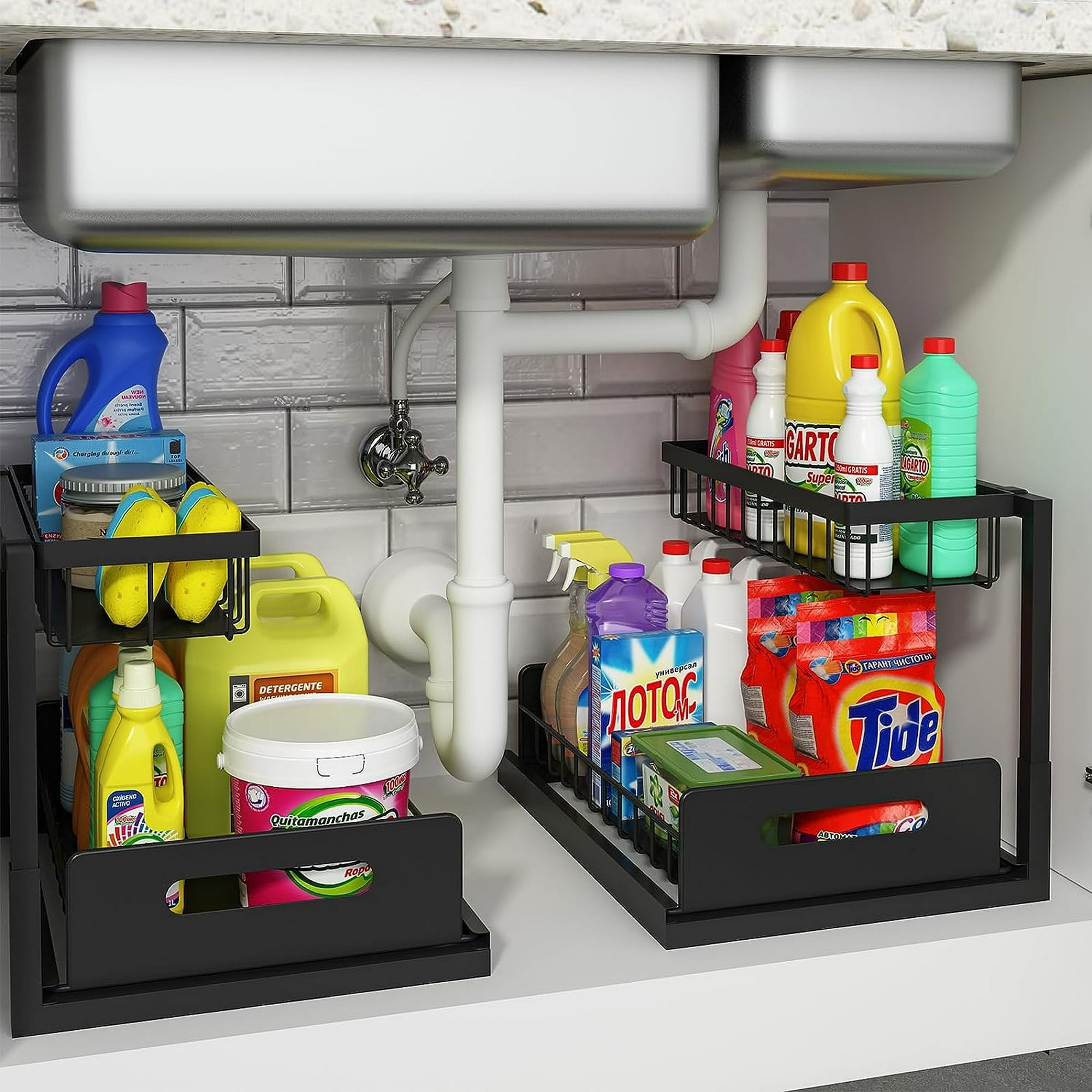 Organizador debajo del fregadero, 2 unidades de altura ajustable,  organizador de baño, organización y almacenamiento de cocina, estante de 2  niveles