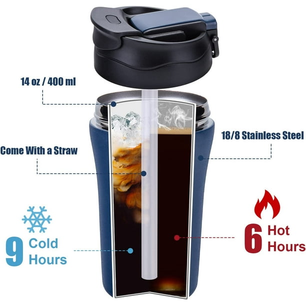 2 uds taza de vacío a prueba de fugas 400mL termo café-té-bebidas taza  aislada, taza de coche con tapa y pajita, taza termo de café reutilizable,  taza térmica de viaje botella caliente-fría