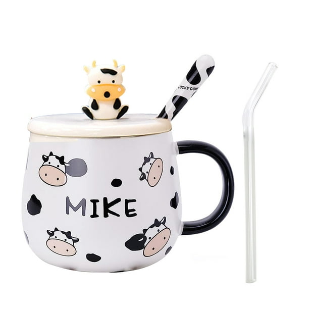 Taza de café de vaca, lindas tazas de café de expresión de vaca con tapa y  cuchara, tazas de café de vaca de cerámica novedosas, tazas de dibujos