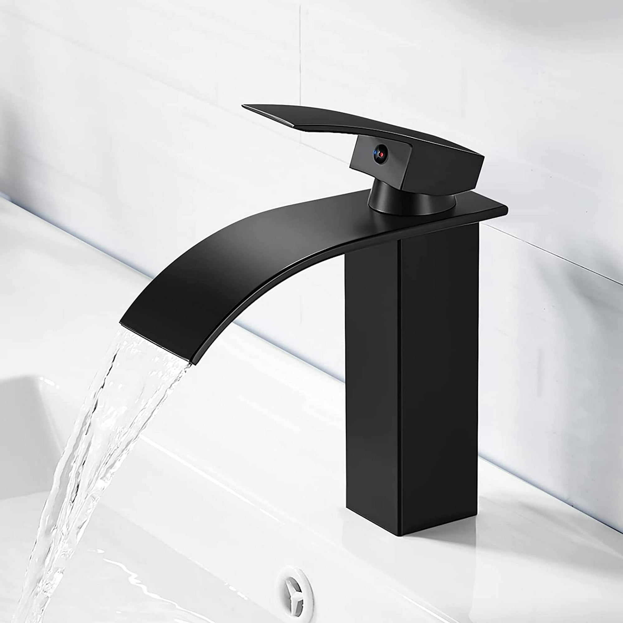 Grifo de lavabo de baño de estilo fino, grifo de agua fría caliente,  cascada, montado en cubierta, negro mate A, tamaño único
