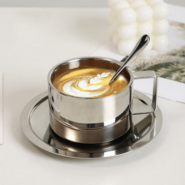 Tazas de café de acero inoxidable, taza de café de doble pared de 4 onzas  con platillo y cuchara, taza de café capuchino café con leche y café expreso
