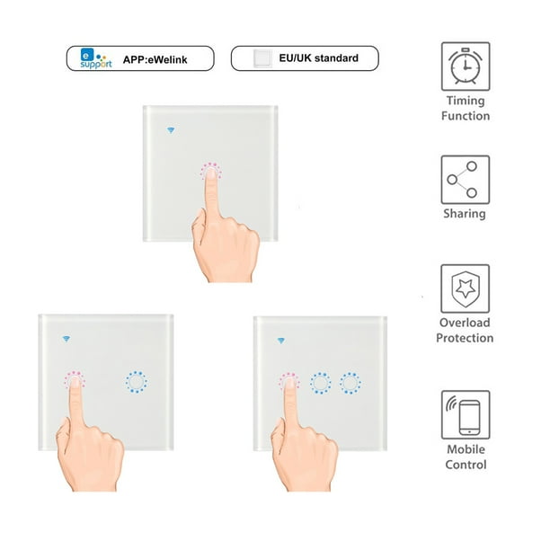 Cambiar Interruptores inalámbricos Interruptor de luz WiFi Smart Wall  Compatible con Alexa Echo Aplicación de control de Google Home Assistant  Interruptor de luz táctil Teléfono para iOS 1 2 3 Gang