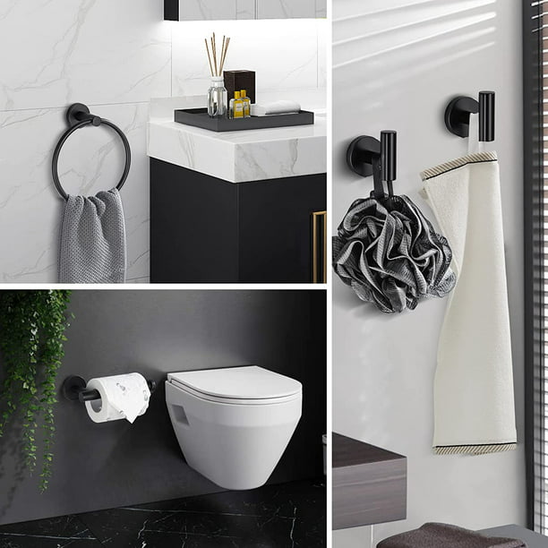 Juego de accesorios para baño, acero inoxidable negro mate de 4 piezas,  incluye toallero y 2 ganchos para toallas, accesorios de pared para baño  JAMW Sencillez