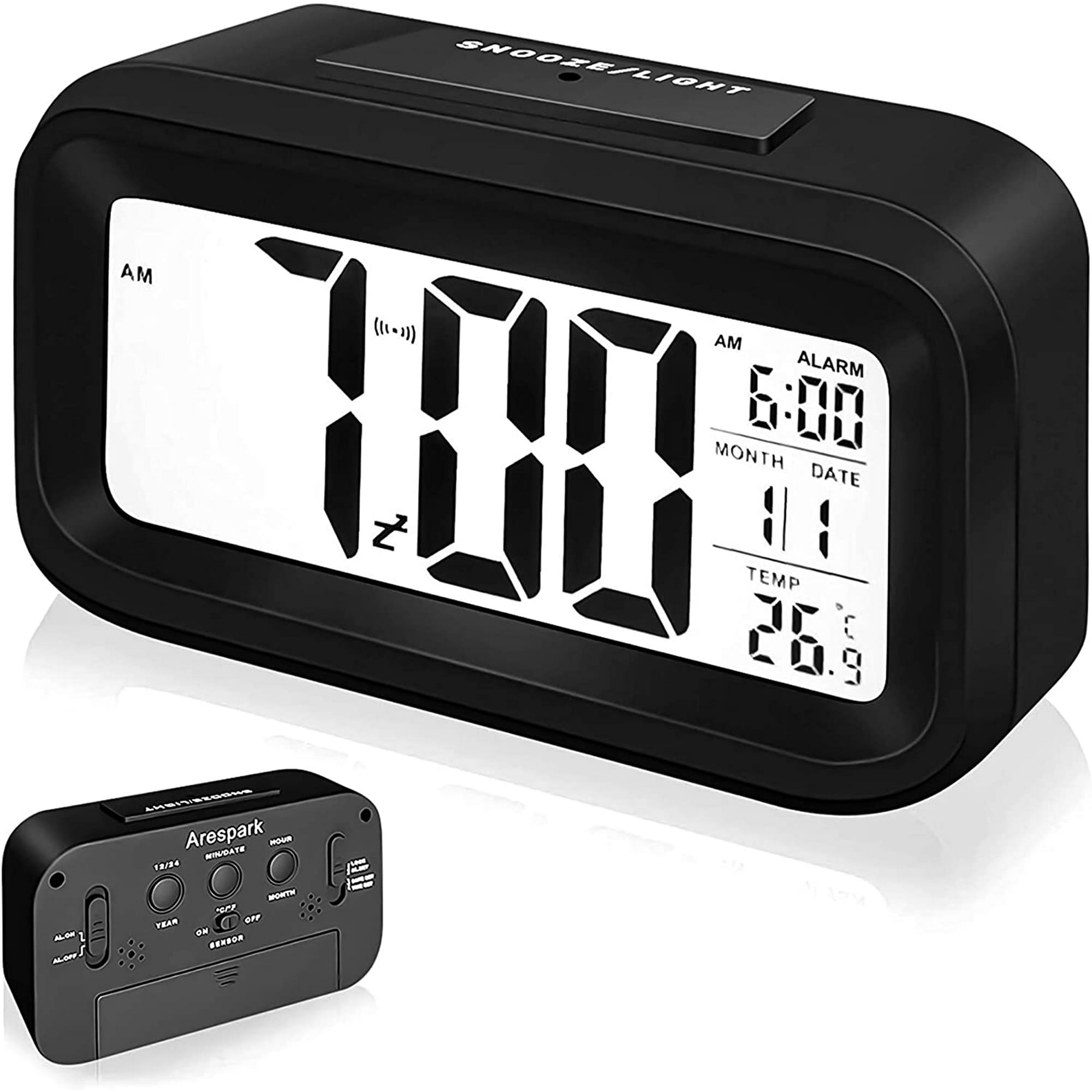 Pequeño reloj despertador digital de viaje con pilas, reloj despertador  portátil LCD de pantalla grande con retroiluminación, reloj de escritorio  de