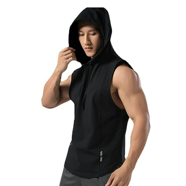 Sudadera con capucha deportiva negra para hombre, camisetas sin mangas,  entrenamiento, gimnasio, culturismo, camiseta de secado rápido Zhivalor  Ropa